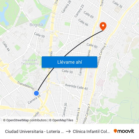 Ciudad Universitaria - Lotería De Bogotá to Clínica Infantil Colsubsidio map