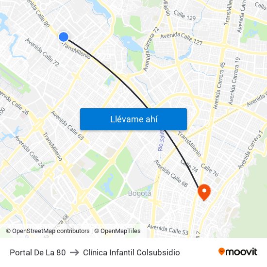 Portal De La 80 to Clínica Infantil Colsubsidio map