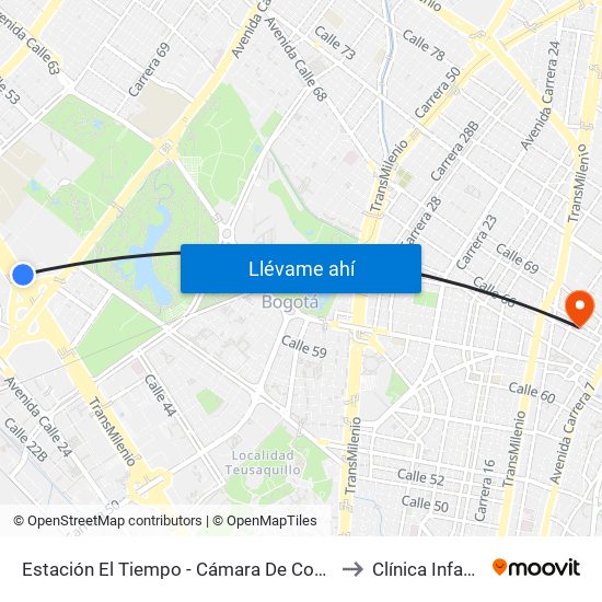 Estación El Tiempo - Cámara De Comercio De Bogotá (Ac 26 - Kr 68b Bis) to Clínica Infantil Colsubsidio map