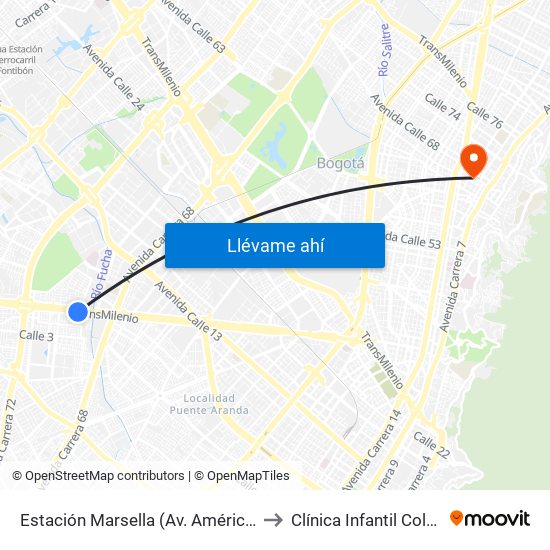 Estación Marsella (Av. Américas - Kr 69b) to Clínica Infantil Colsubsidio map