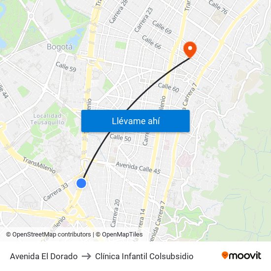 Avenida El Dorado to Clínica Infantil Colsubsidio map