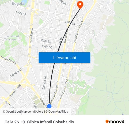 Calle 26 to Clínica Infantil Colsubsidio map