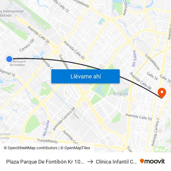 Plaza Parque De Fontibón Kr 100 (Kr 100 - Cl 17a) to Clínica Infantil Colsubsidio map