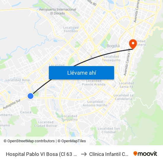 Hospital Pablo VI Bosa (Cl 63 Sur - Kr 77g) (A) to Clínica Infantil Colsubsidio map