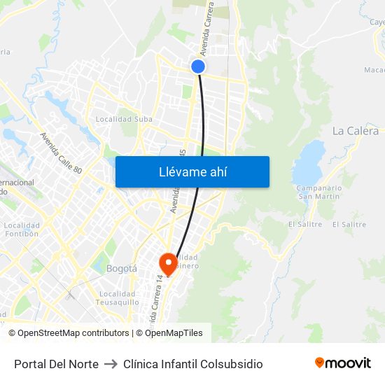 Portal Del Norte to Clínica Infantil Colsubsidio map