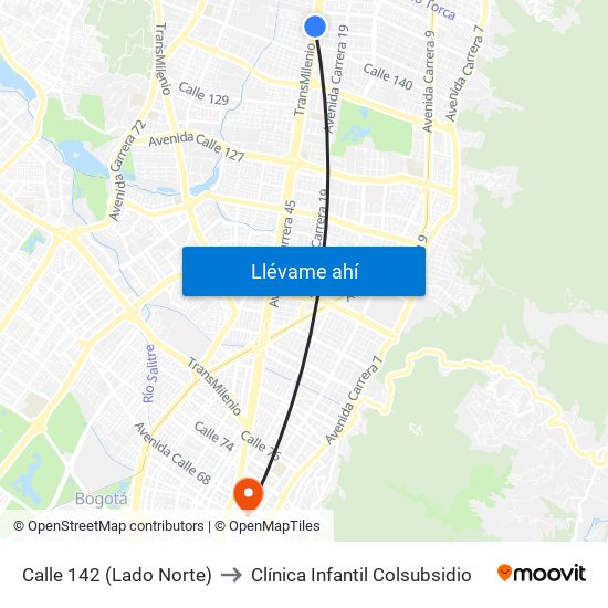 Calle 142 (Lado Norte) to Clínica Infantil Colsubsidio map