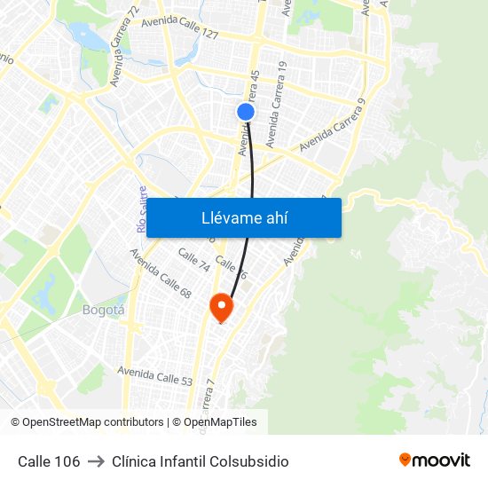 Calle 106 to Clínica Infantil Colsubsidio map