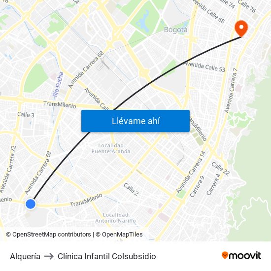 Alquería to Clínica Infantil Colsubsidio map