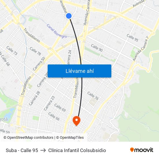 Suba - Calle 95 to Clínica Infantil Colsubsidio map