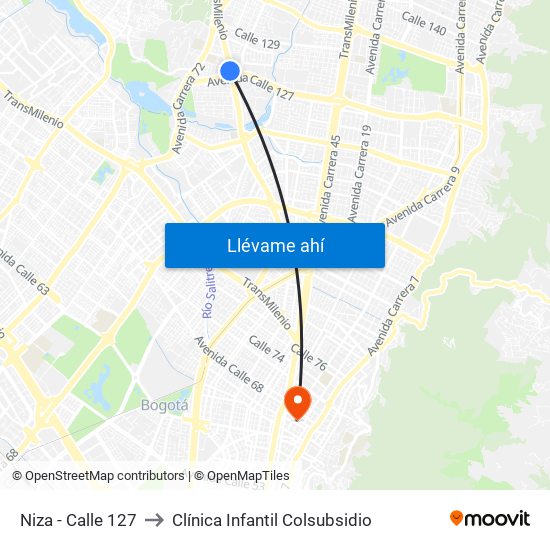 Niza - Calle 127 to Clínica Infantil Colsubsidio map