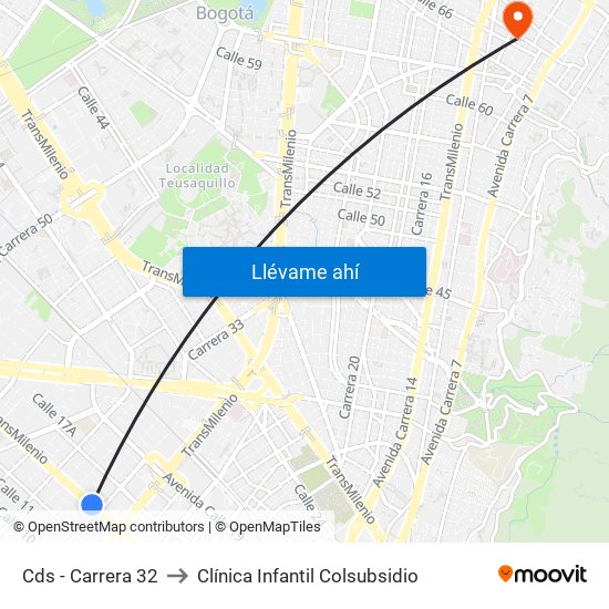 Cds - Carrera 32 to Clínica Infantil Colsubsidio map