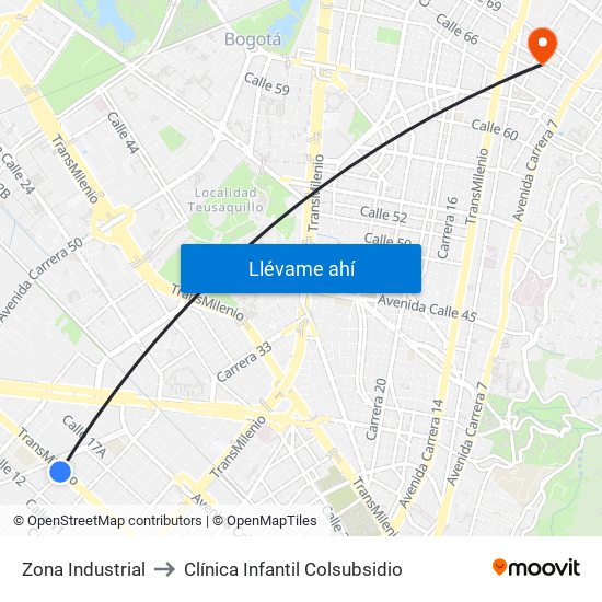 Zona Industrial to Clínica Infantil Colsubsidio map