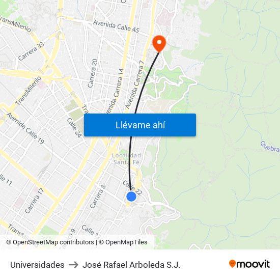 Universidades to José Rafael Arboleda S.J. map