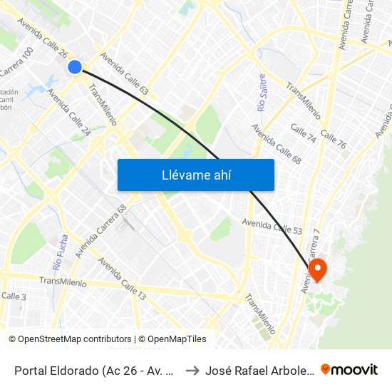 Portal Eldorado (Ac 26 - Av. C. De Cali) to José Rafael Arboleda S.J. map