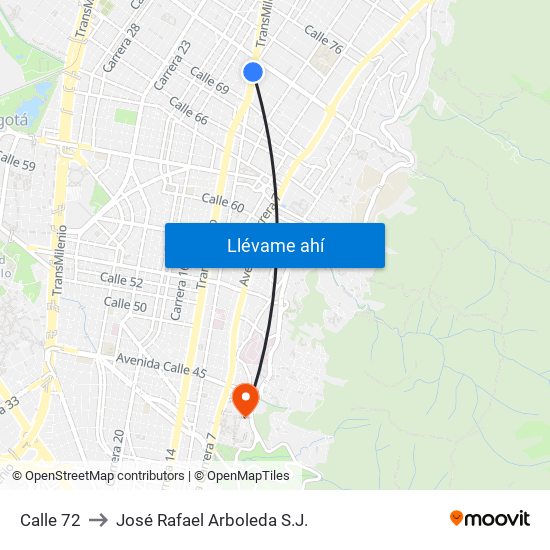 Calle 72 to José Rafael Arboleda S.J. map