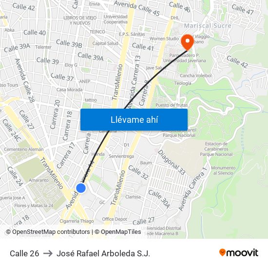 Calle 26 to José Rafael Arboleda S.J. map