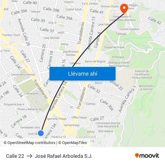 Calle 22 to José Rafael Arboleda S.J. map