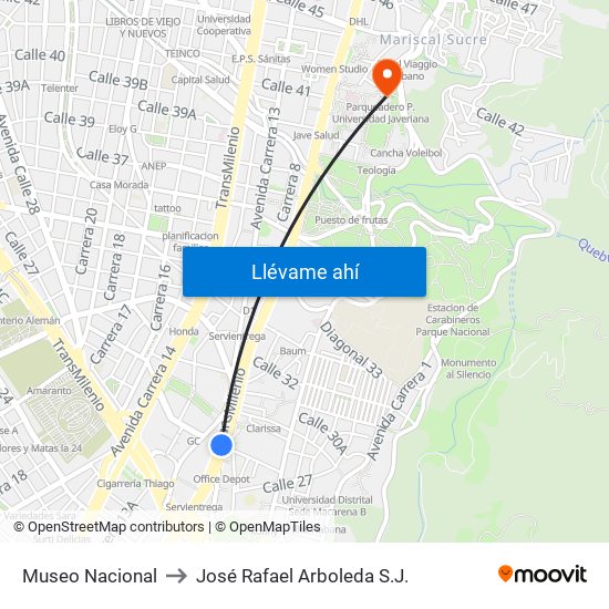 Museo Nacional to José Rafael Arboleda S.J. map