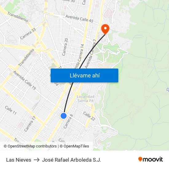 Las Nieves to José Rafael Arboleda S.J. map