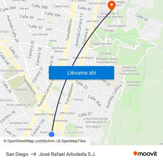 San Diego to José Rafael Arboleda S.J. map