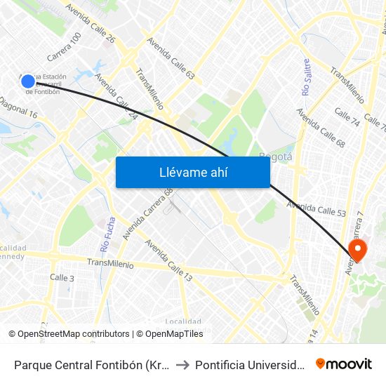 Parque Central Fontibón (Kr 99 - Cl 17a) (B) to Pontificia Universidad Javeriana map