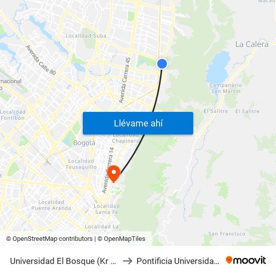 Universidad El Bosque (Kr 7 Bis - Cl 131) to Pontificia Universidad Javeriana map