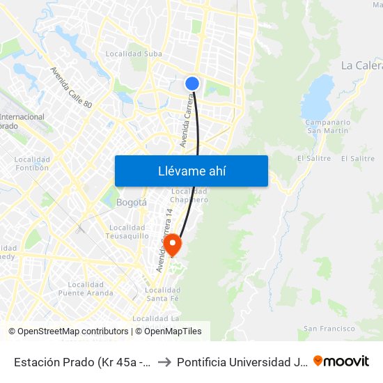 Estación Prado (Kr 45a - Cl 128b) to Pontificia Universidad Javeriana map