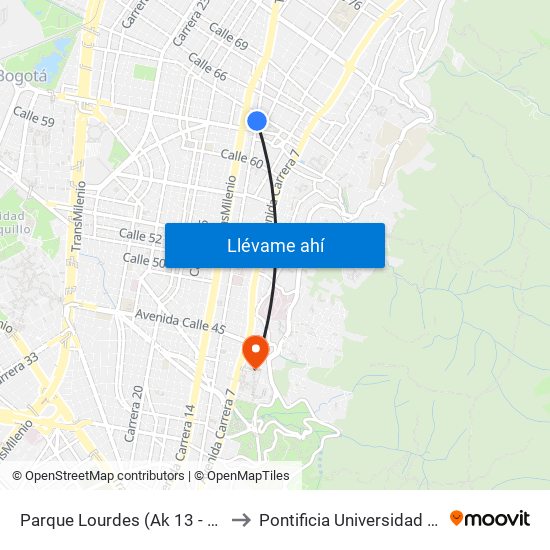 Parque Lourdes (Ak 13 - Cl 63a) (B) to Pontificia Universidad Javeriana map