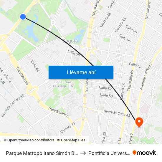 Parque Metropolitano Simón Bolívar (Ak 68 - Cl 53) (D) to Pontificia Universidad Javeriana map