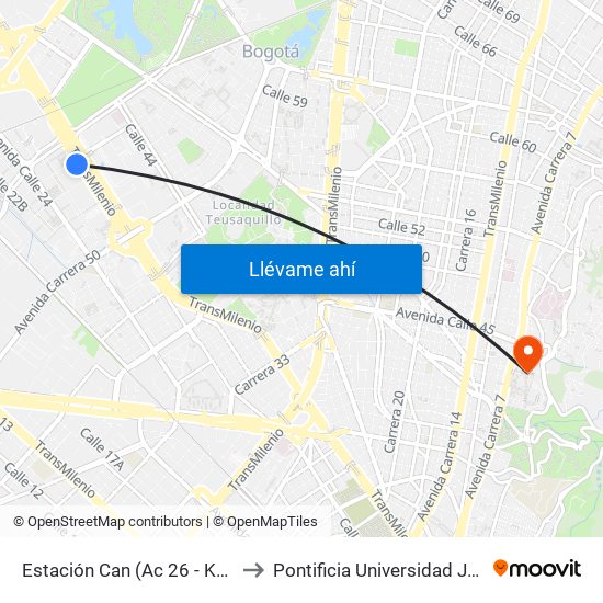 Estación Can (Ac 26 - Kr 59) (B) to Pontificia Universidad Javeriana map