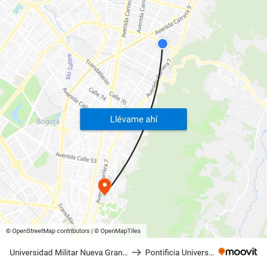 Universidad Militar Nueva Granada (Ac 100 - Kr 10) (B) to Pontificia Universidad Javeriana map