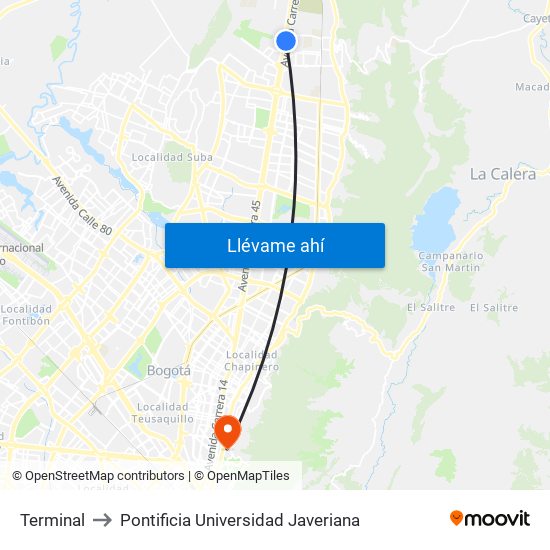 Terminal to Pontificia Universidad Javeriana map