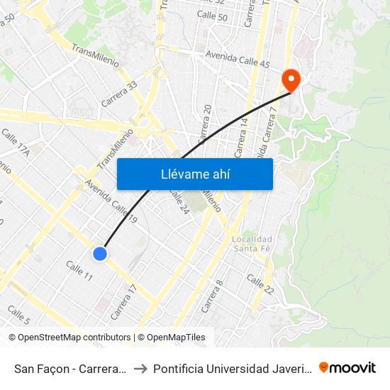 San Façon - Carrera 22 to Pontificia Universidad Javeriana map