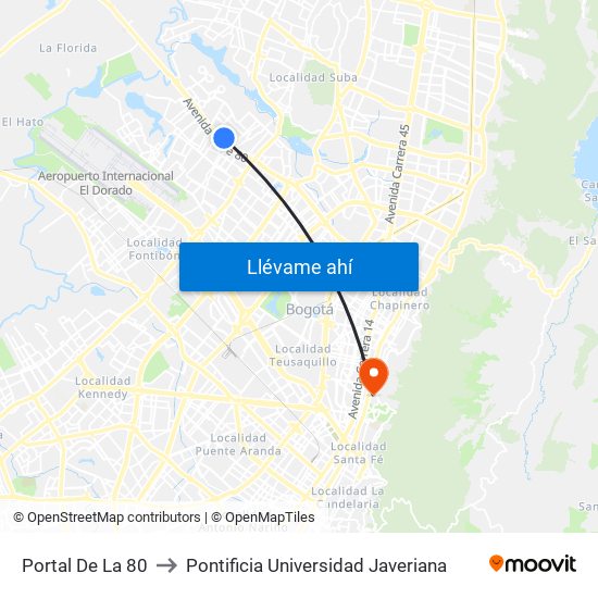 Portal De La 80 to Pontificia Universidad Javeriana map