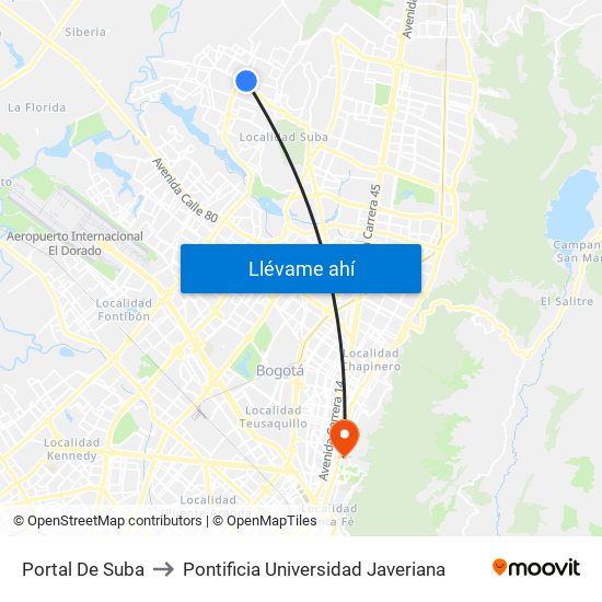 Portal De Suba to Pontificia Universidad Javeriana map