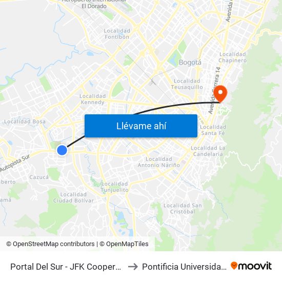 Portal Del Sur - JFK Cooperativa Financiera to Pontificia Universidad Javeriana map