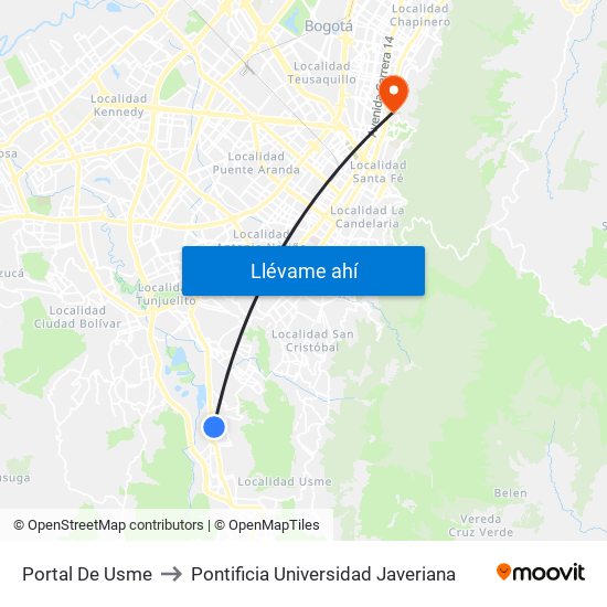 Portal De Usme to Pontificia Universidad Javeriana map