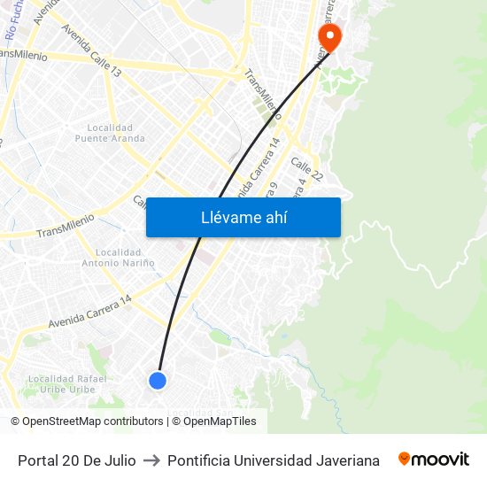 Portal 20 De Julio to Pontificia Universidad Javeriana map