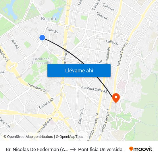 Br. Nicolás De Federmán (Ak 50 - Cl 57b) to Pontificia Universidad Javeriana map