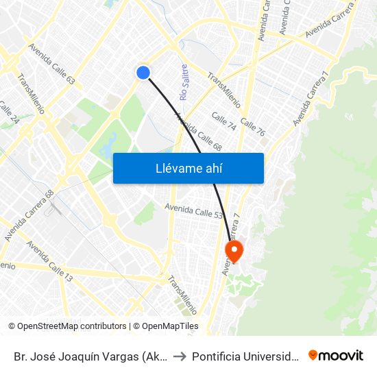 Br. José Joaquín Vargas (Ak 68 - Cl 67g) (A) to Pontificia Universidad Javeriana map