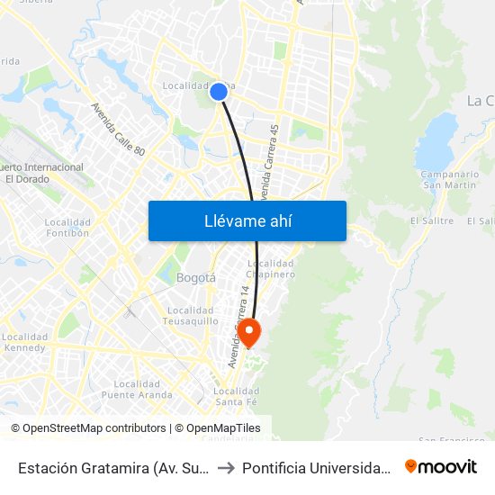 Estación Gratamira (Av. Suba - Cl 132a) to Pontificia Universidad Javeriana map