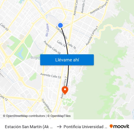 Estación San Martín (Ak 50 - Cl 86b) to Pontificia Universidad Javeriana map