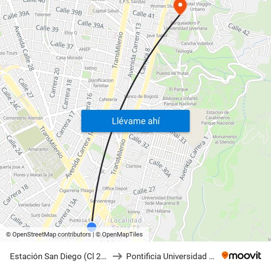 Estación San Diego (Cl 24 - Ak 10) to Pontificia Universidad Javeriana map