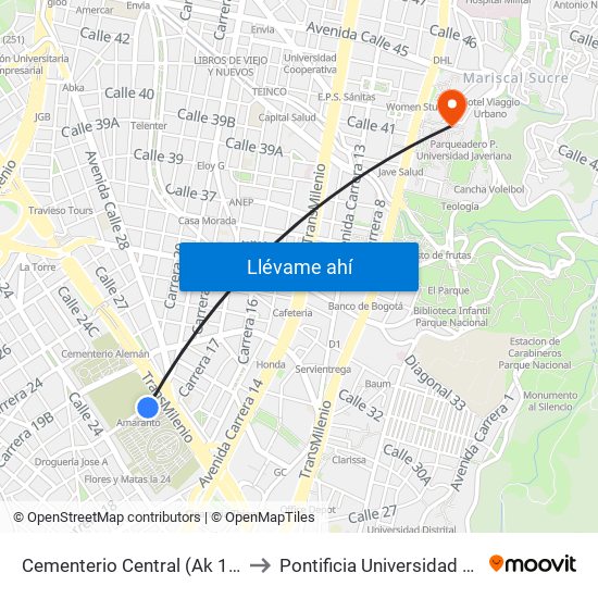 Cementerio Central (Ak 19 - Ac 26) to Pontificia Universidad Javeriana map