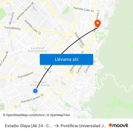 Estadio Olaya (Ak 24 - Cl 24 Sur) to Pontificia Universidad Javeriana map