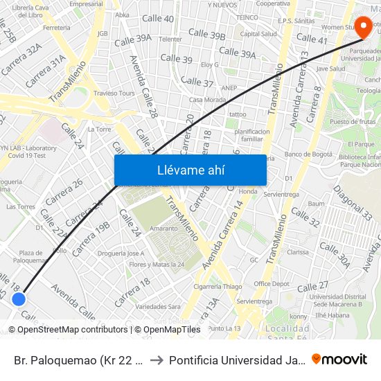 Br. Paloquemao (Kr 22 - Cl 18) to Pontificia Universidad Javeriana map