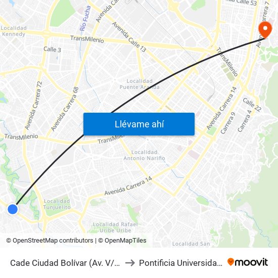 Cade Ciudad Bolívar (Av. V/cio - Tv 34) (B) to Pontificia Universidad Javeriana map