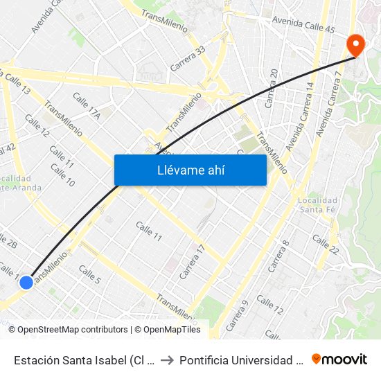 Estación Santa Isabel (Cl 1f - Kr 31) to Pontificia Universidad Javeriana map