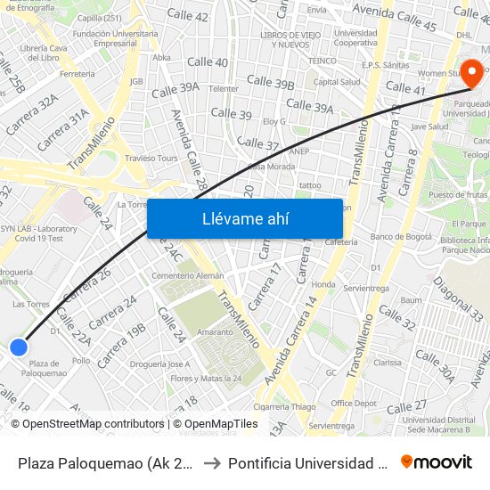 Plaza Paloquemao (Ak 27 - Ac 19) to Pontificia Universidad Javeriana map