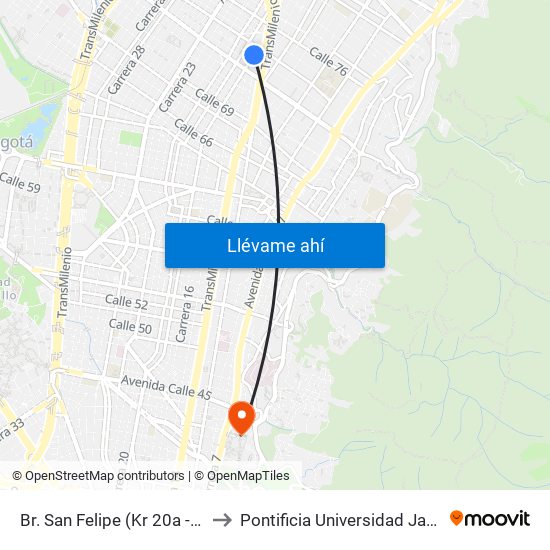 Br. San Felipe (Kr 20a - Cl 74) to Pontificia Universidad Javeriana map